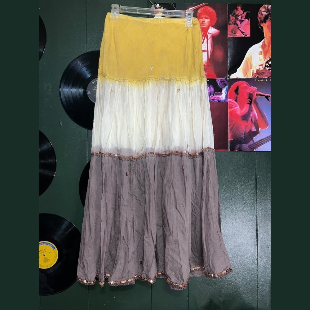 Vintage Y2K yellow and brown color block maxi skirt with beaded sequin trim